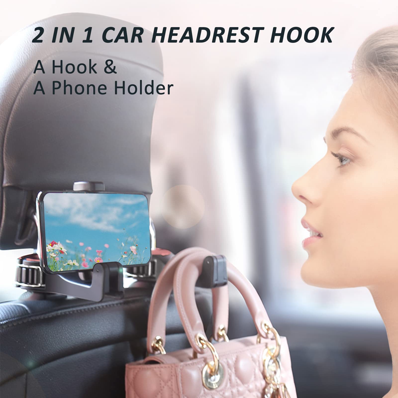 Car Hooks with Phone Holder, Car Seat Hooks for Purses and Bags