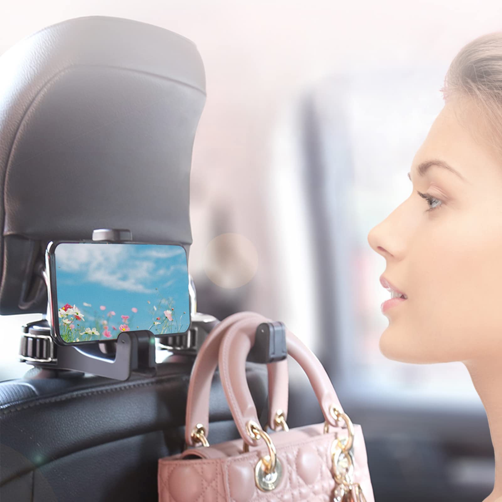 Car Hooks with Phone Holder, Car Seat Hooks for Purses and Bags