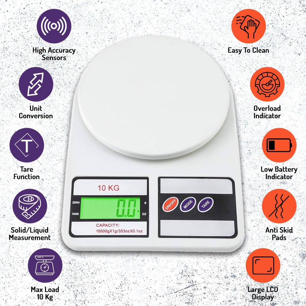 Digital Kitchen Weighing Scale 10 kg, Electronic Weight Machine with LCD Display